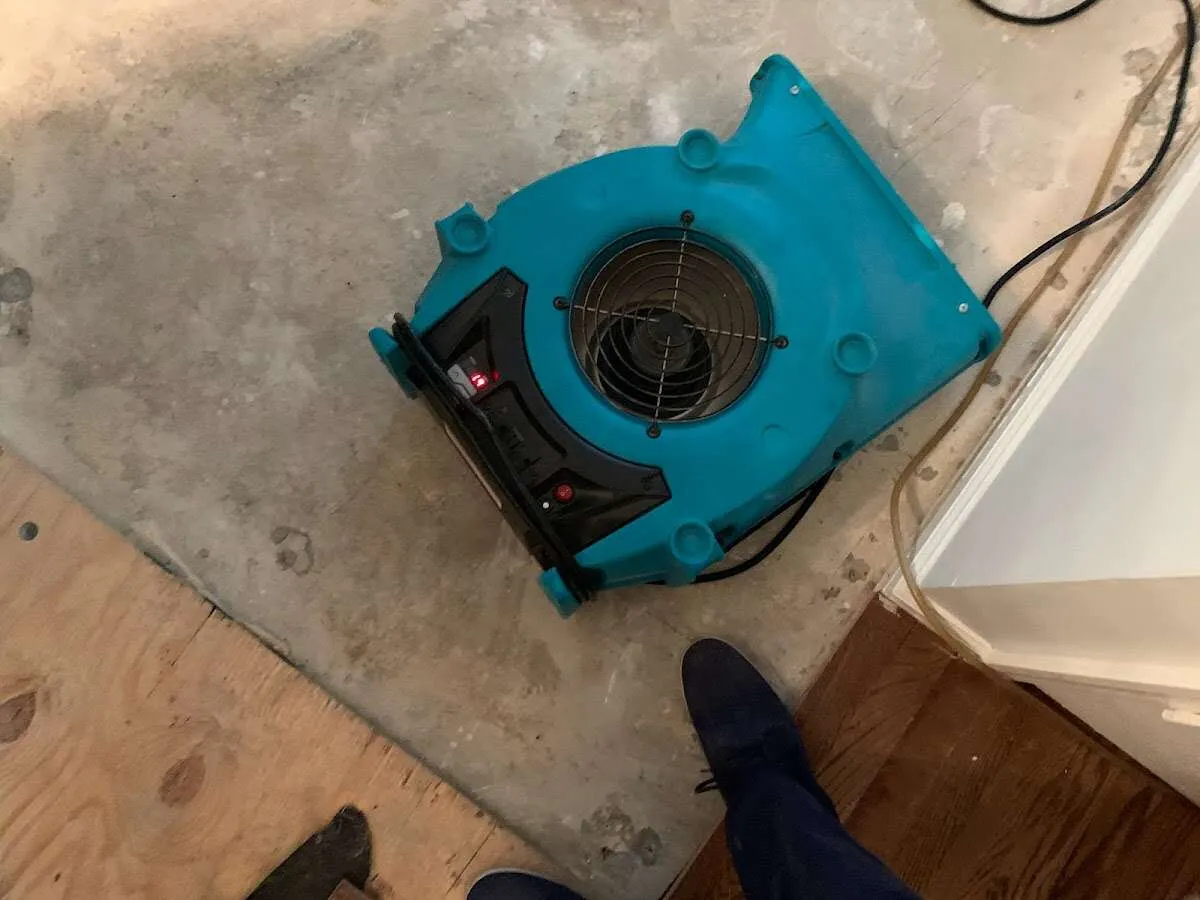 Air mover drying subfloor during Commercial Water Damage Restoration in Rosamond
